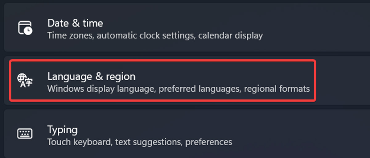 Selecting "Language and region" from Windows Settings.