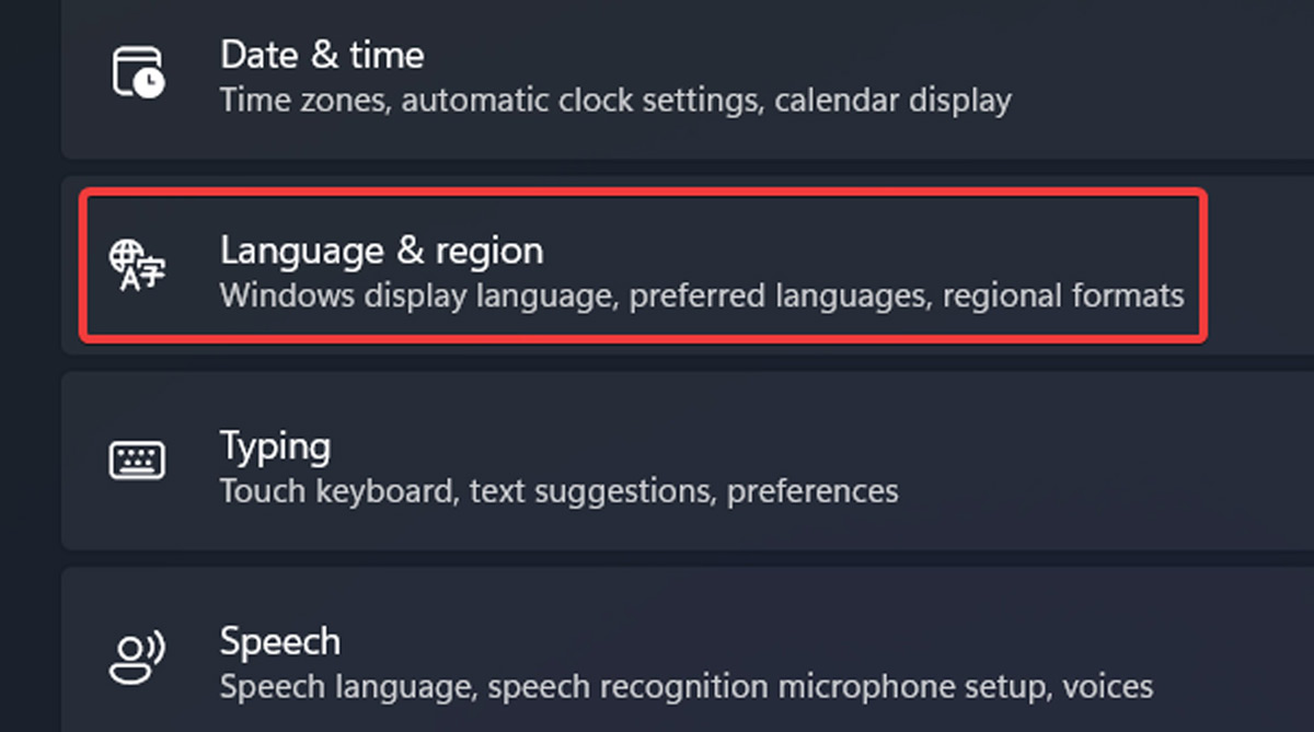 Selecting "Language & region" option in Windows Settings.