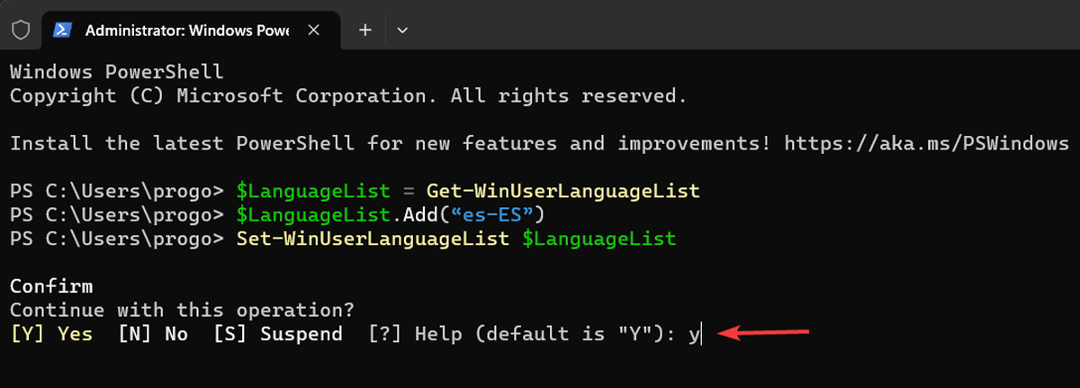 Selecting "Y" to finalize process in PowerShell.