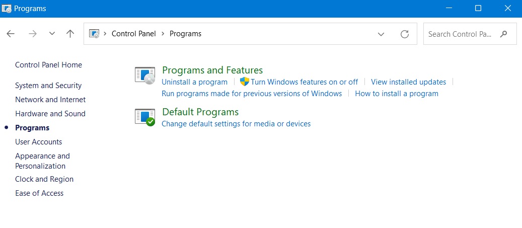 Selecting "Programs and Features" from Control Panel.