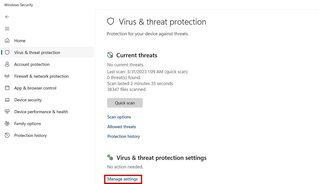 Virus and Threat protection page under Windows Security,