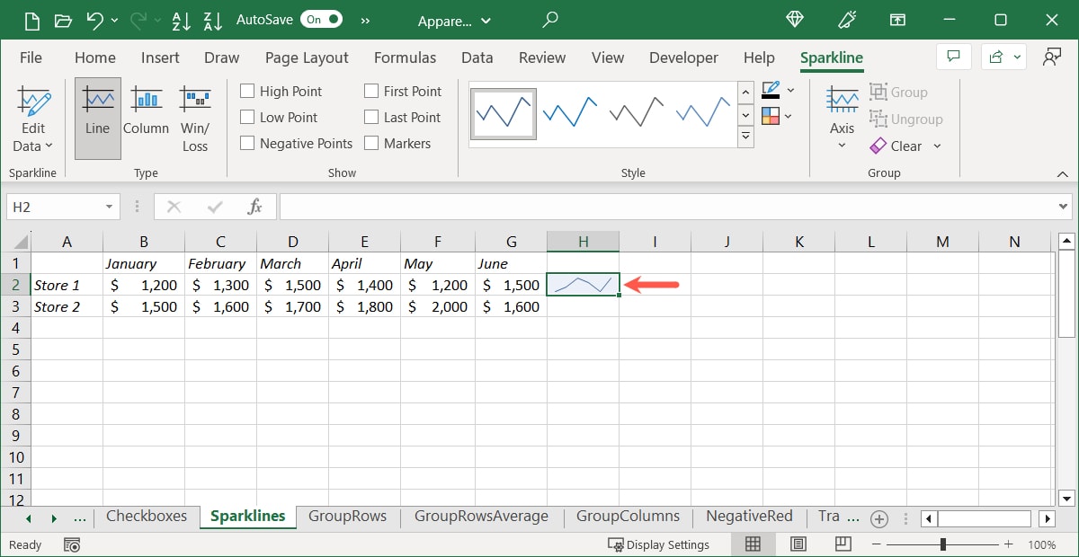 Line sparkline inserted in Excel