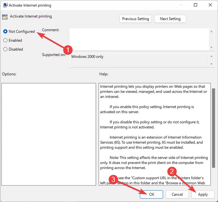 Selecting "Not configured" option for targeted group policy.