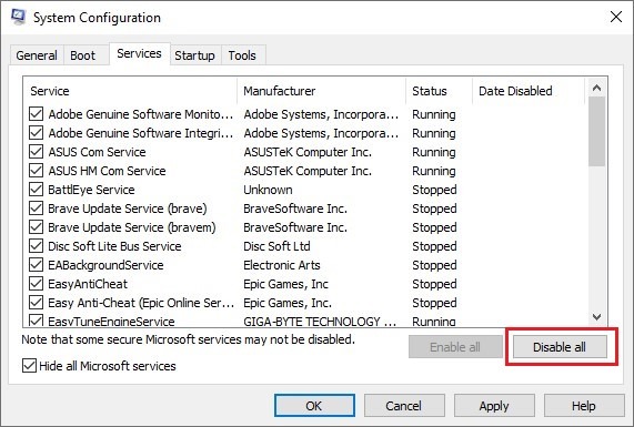 Disable all non-Microsoft services in System Configuration window.