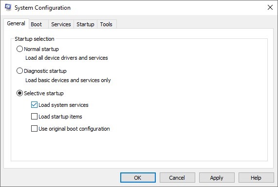 "Selective startup" select under General tab in System Configuration.