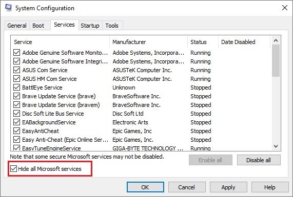 "Hide all Microsoft services" activated in System Configuration window.