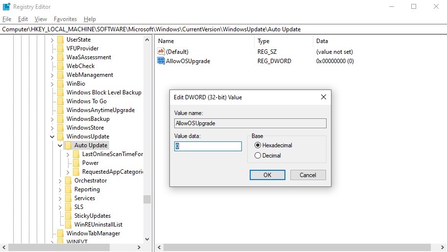Changing value of "AllowOSUpgrade" key in Registry Editor.