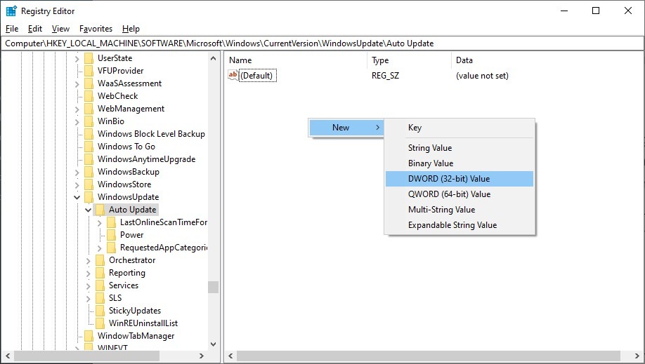 Creating new DWORD (32-bit) value in Registry Editor.