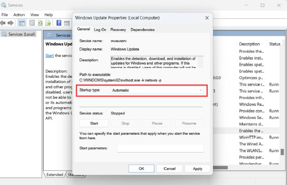 Startup type in Windows Update Properties changed to "Automatic."