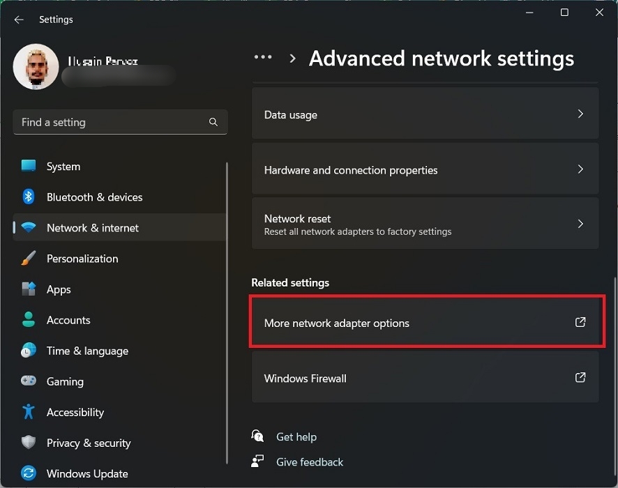 "More network adapter options" setting under 'Network & Internet."