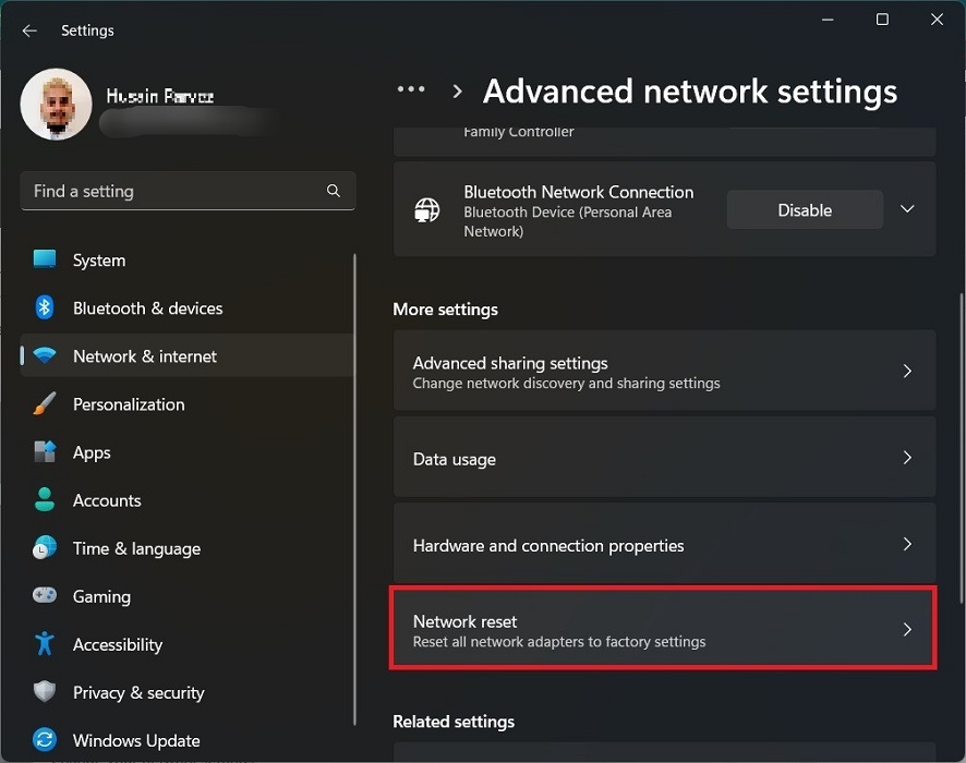 "Network reset" option under "Advanced network settings."