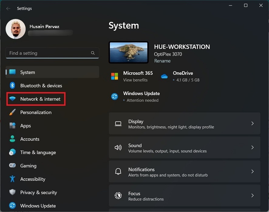 "Network & internet" option in Settings.