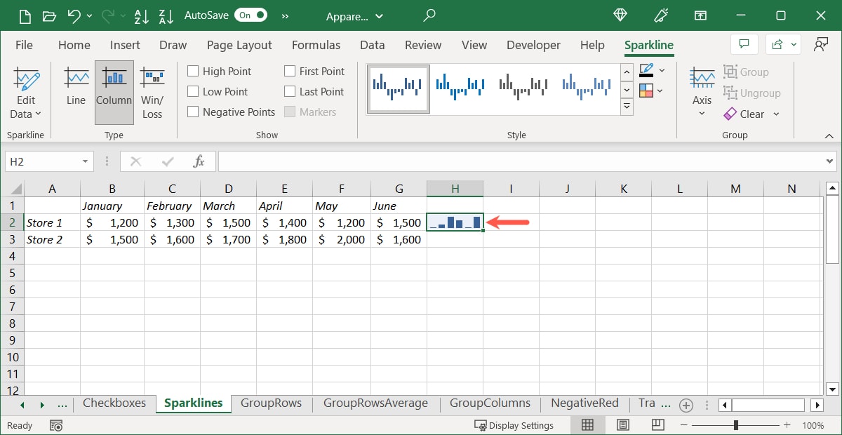 New sparkline inserted in Excel