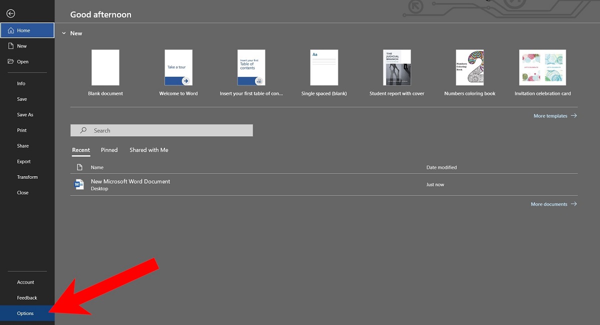 Accessing "Options" menu in Word.