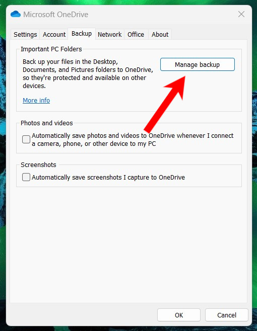 Clicking on "Manage backup" button in the "Important PC Folders" section.