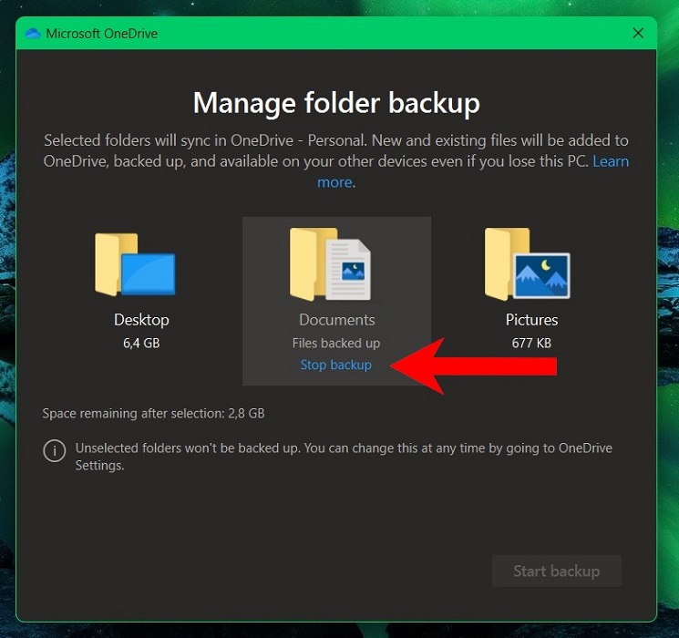 "Stop backup" option for folders in OneDrive.