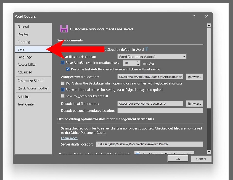 Going to the "Save" menu in Word.