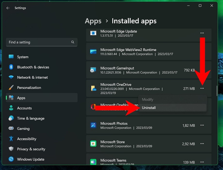 Uninstalling OneDrive from Settings.