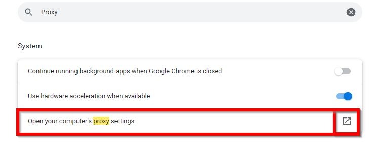 Going to "Open your computer's proxy settings" option.