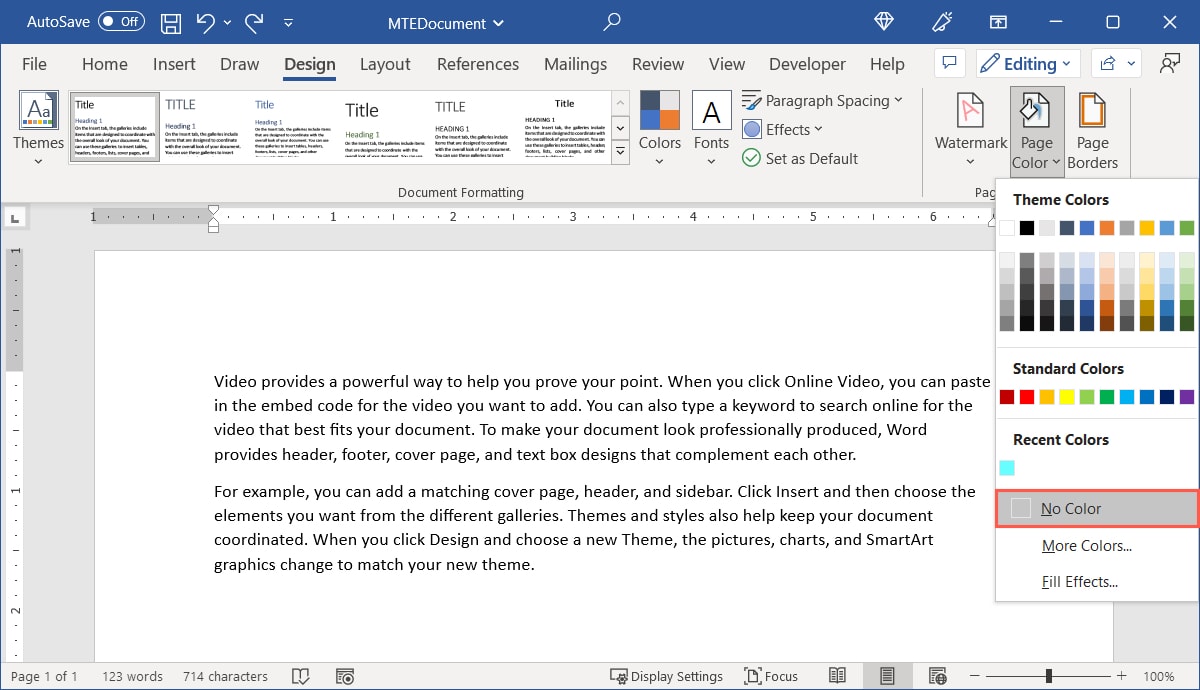 No Color in the Page Color menu