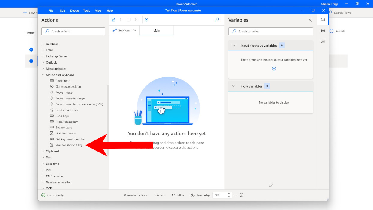 Selecting an action from left-hand panel in Power Automate app.