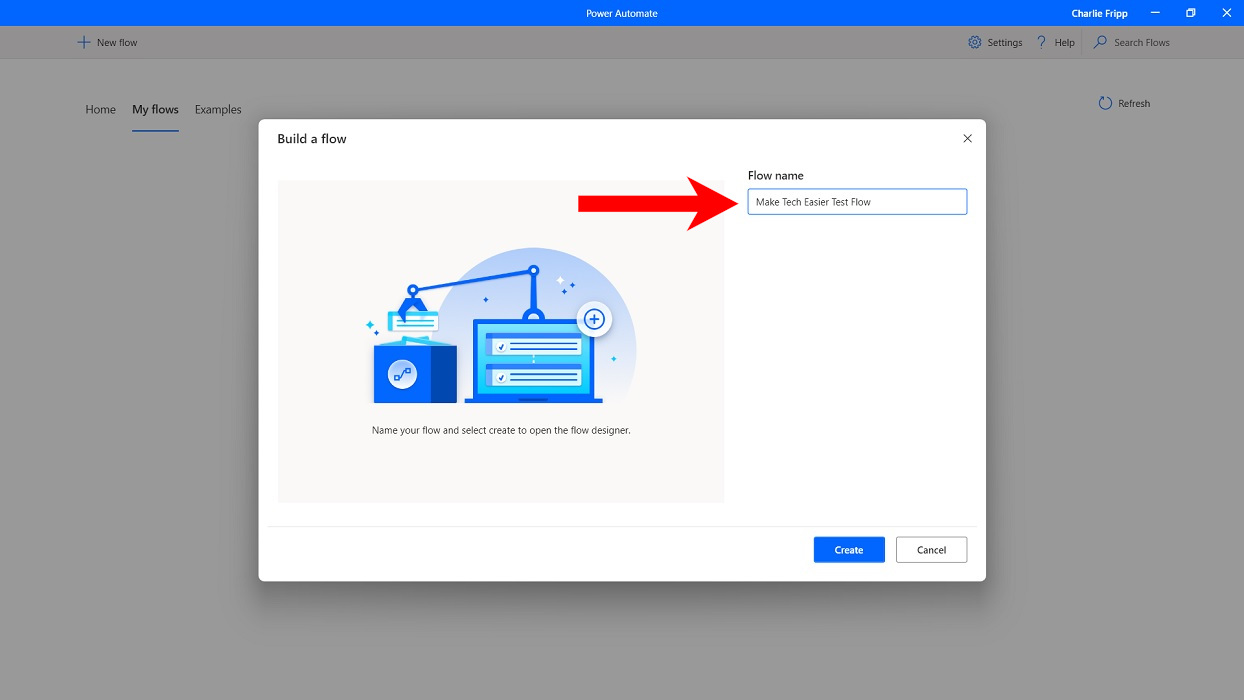 Naming the new Flow in Power Automate app.