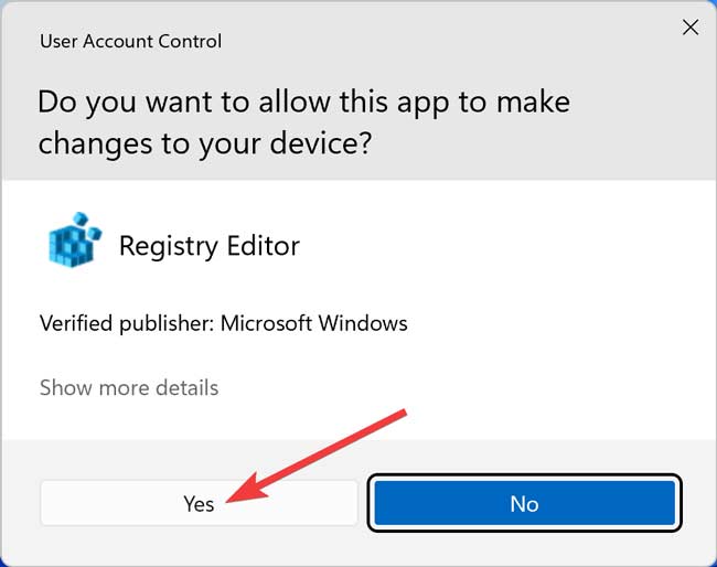 UAC window asking for permission Registry editor to make changes to device.