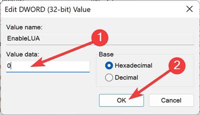 Setting new value data for key in Registry Editor.