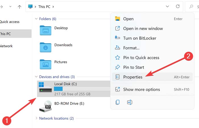 Right-clicking local disk to open up its properties. 