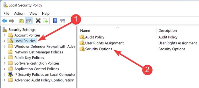Opening "Security Options" in Local Security Policy. 