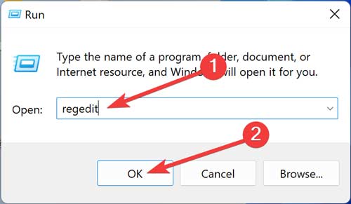 Typing "regedit" in Run window.