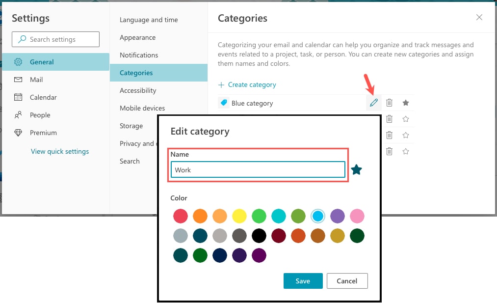 Rename a category in Outlook on the web