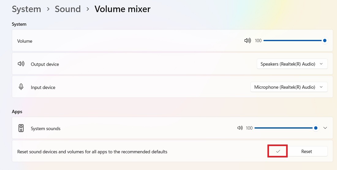 Check symbol next to Reset button in Windows 11 Volume Mixer.
