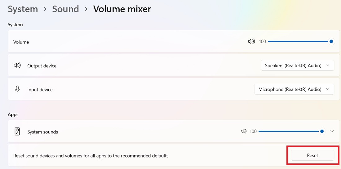 Click Reset button in Volume Mixer for Windows 11.