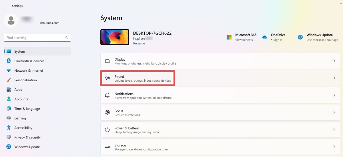 Click Sound menu in Settings System for Windows 11.