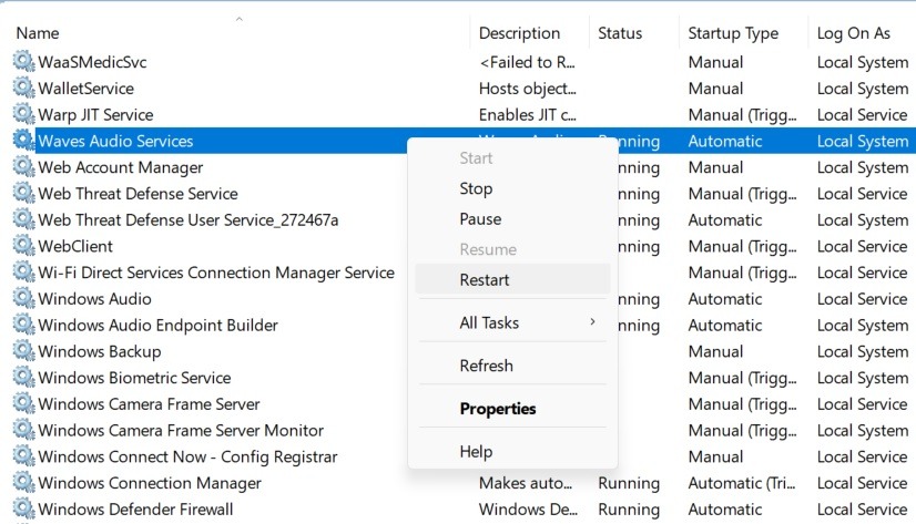 Restarting Waves Audio services in Windows.
