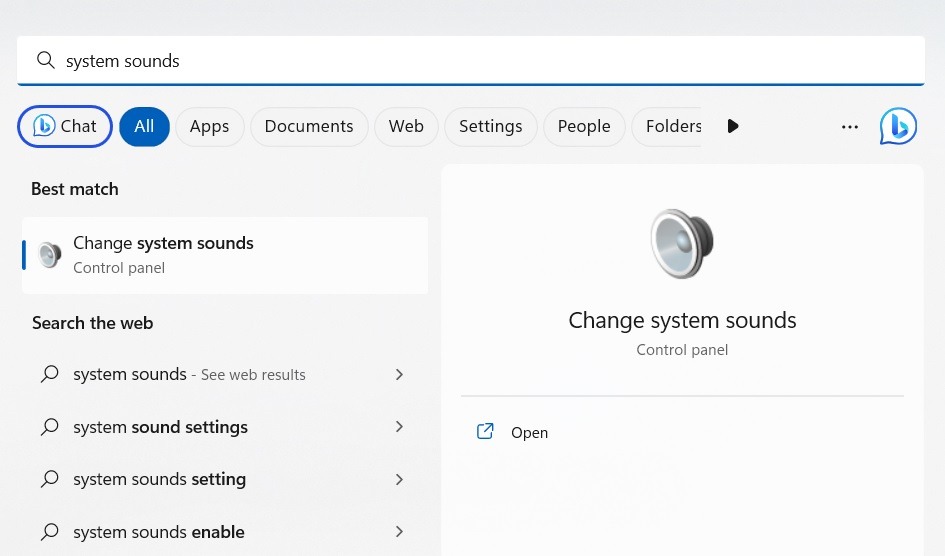 Search Change System Sounds in Windows 11 search menu. 
