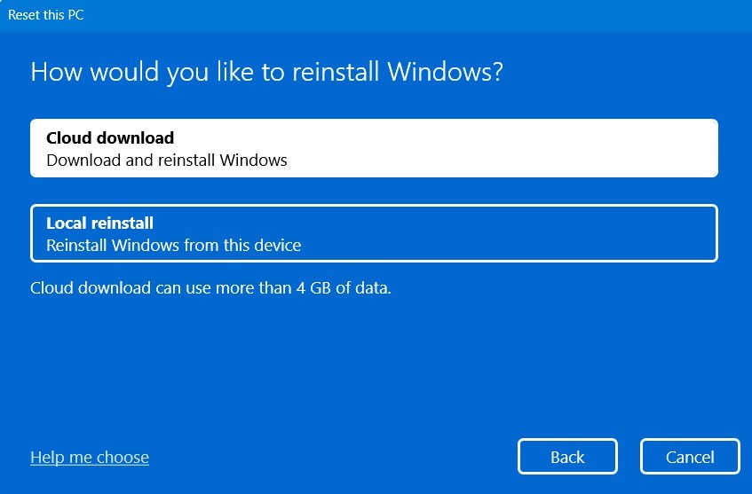 Choose Cloud Download for resetting in Windows11