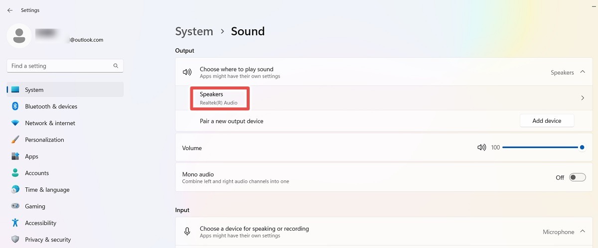 Click Speakers in Sound for Windows 11 System.