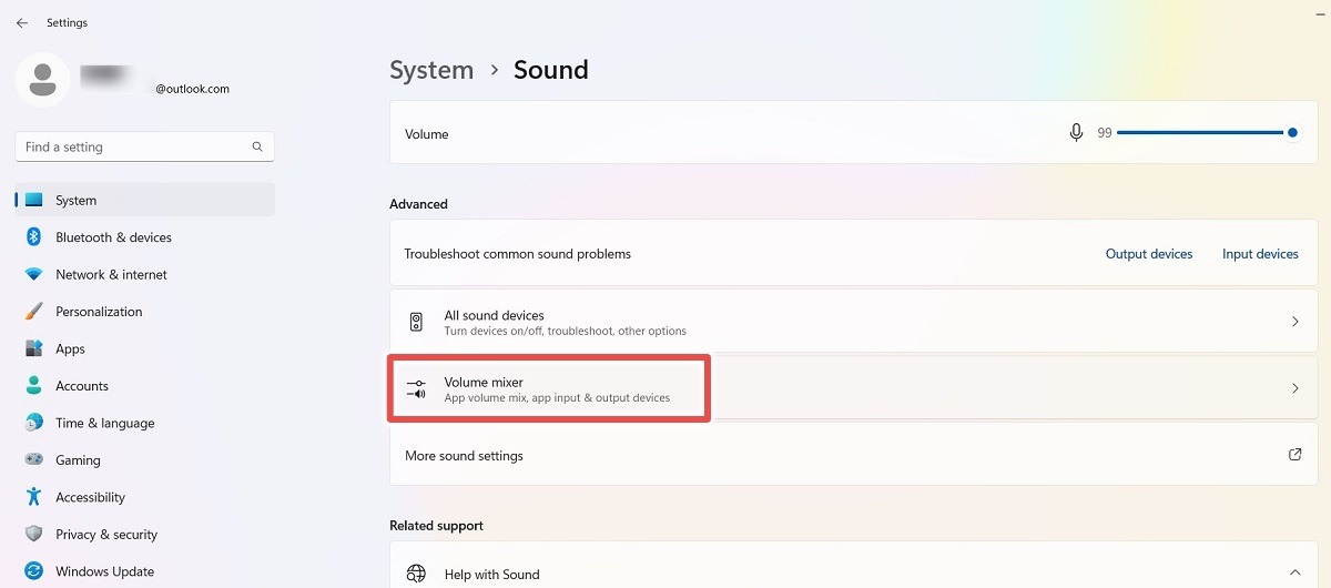 Click Volume Mixer in Advanced System Sound in Windows 11.