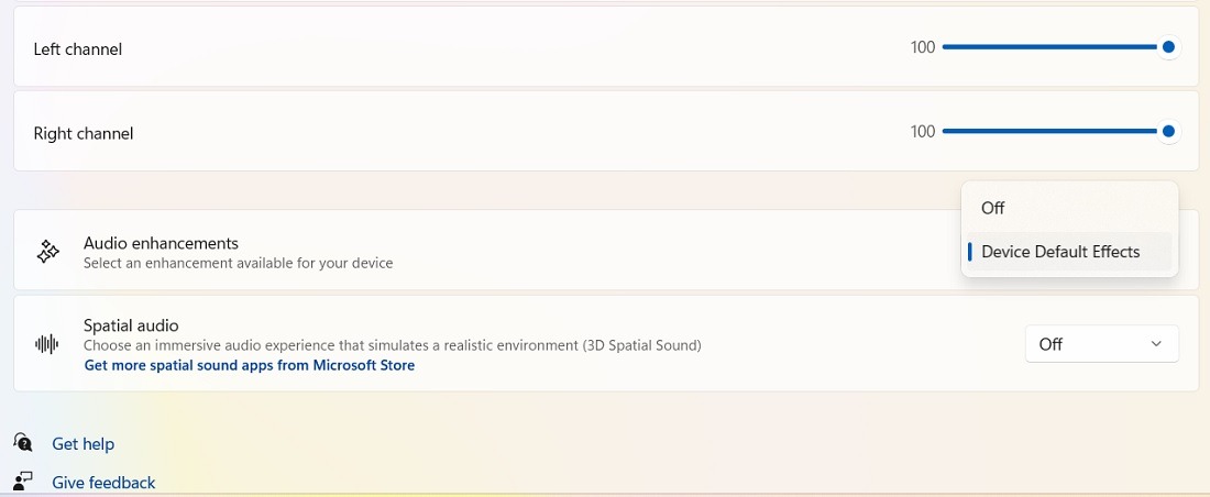 Device Default effects set up in Audio Enhancements for Windows 11.