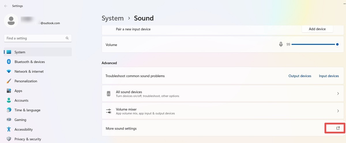 Click More Audio Settings under Advanced menu in Windows 11 Sound. 