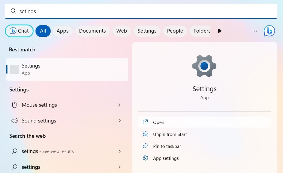 Opening Settings app in Windows 11 from Start menu search.