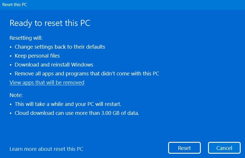 Ready to reset PC in Windows 11.