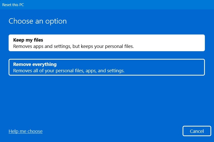 Keep my files in Reset PC options for Windows 11.