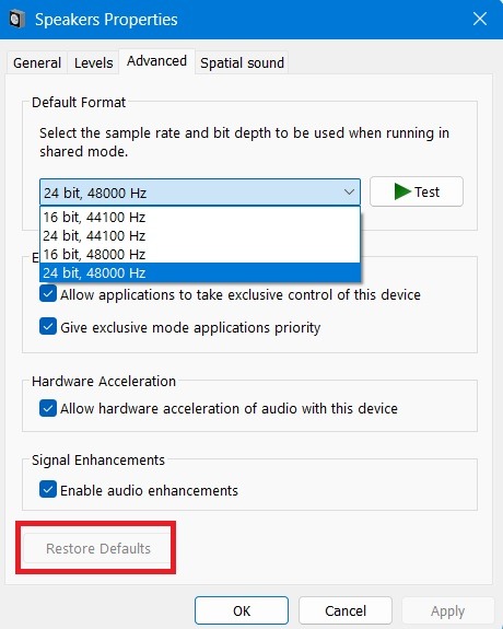 Restore defaults in Speaker Properties under Advanced menu in Windows 11. 