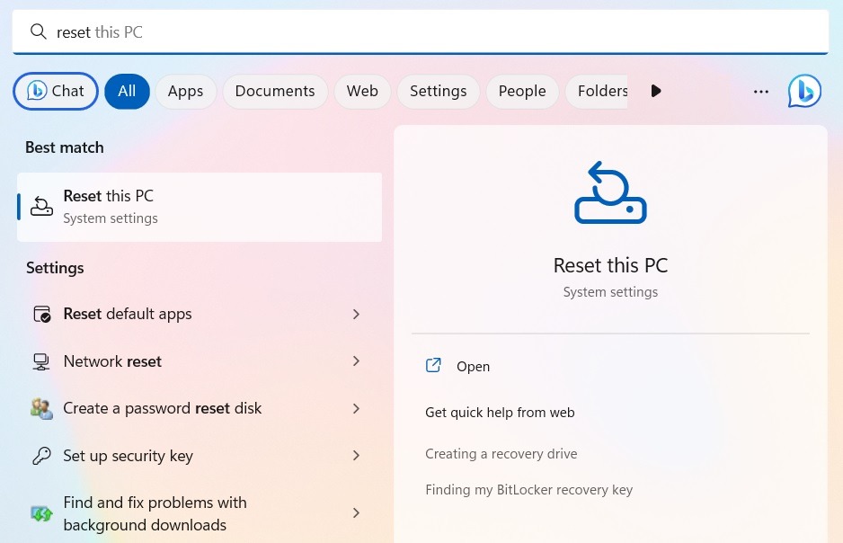 Reset this PC option selected in Windows search.