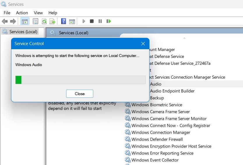 Windows Audio Service Control attempting to restart the service on local computer. 