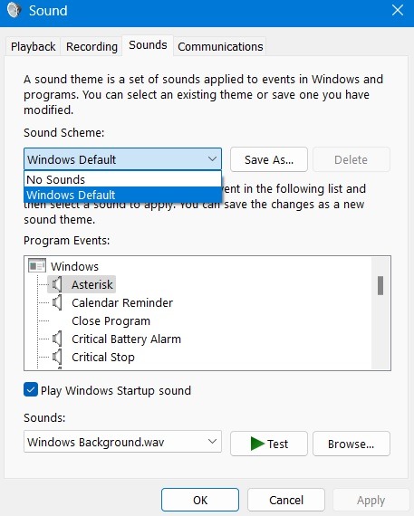 Changing "Sound Scheme" configuration in Windows.