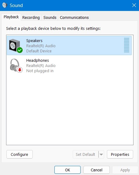 Double-click on Speakers under Playback tab in Sound (Windows 11).